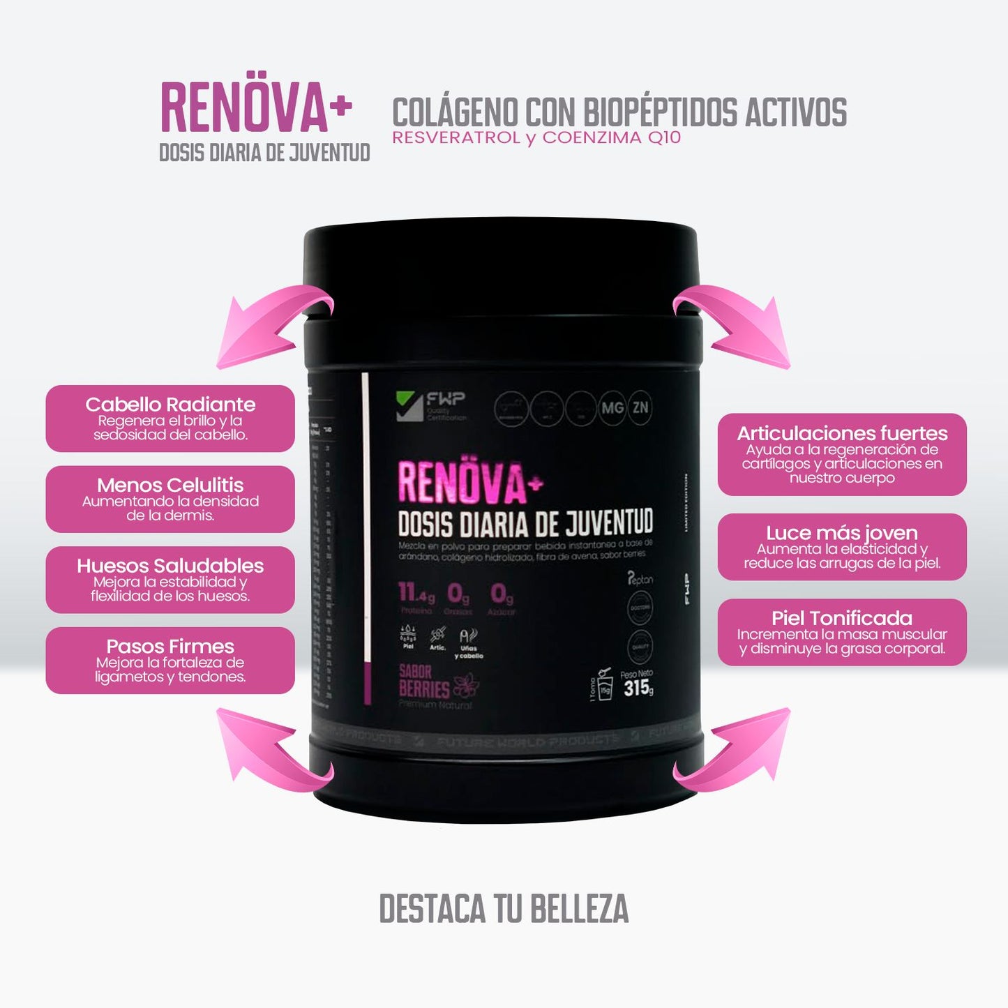 COLÁGENO RENOVA+ CON BIOPEPTIDOS ACTIVOS 11.4 gramos de proteina